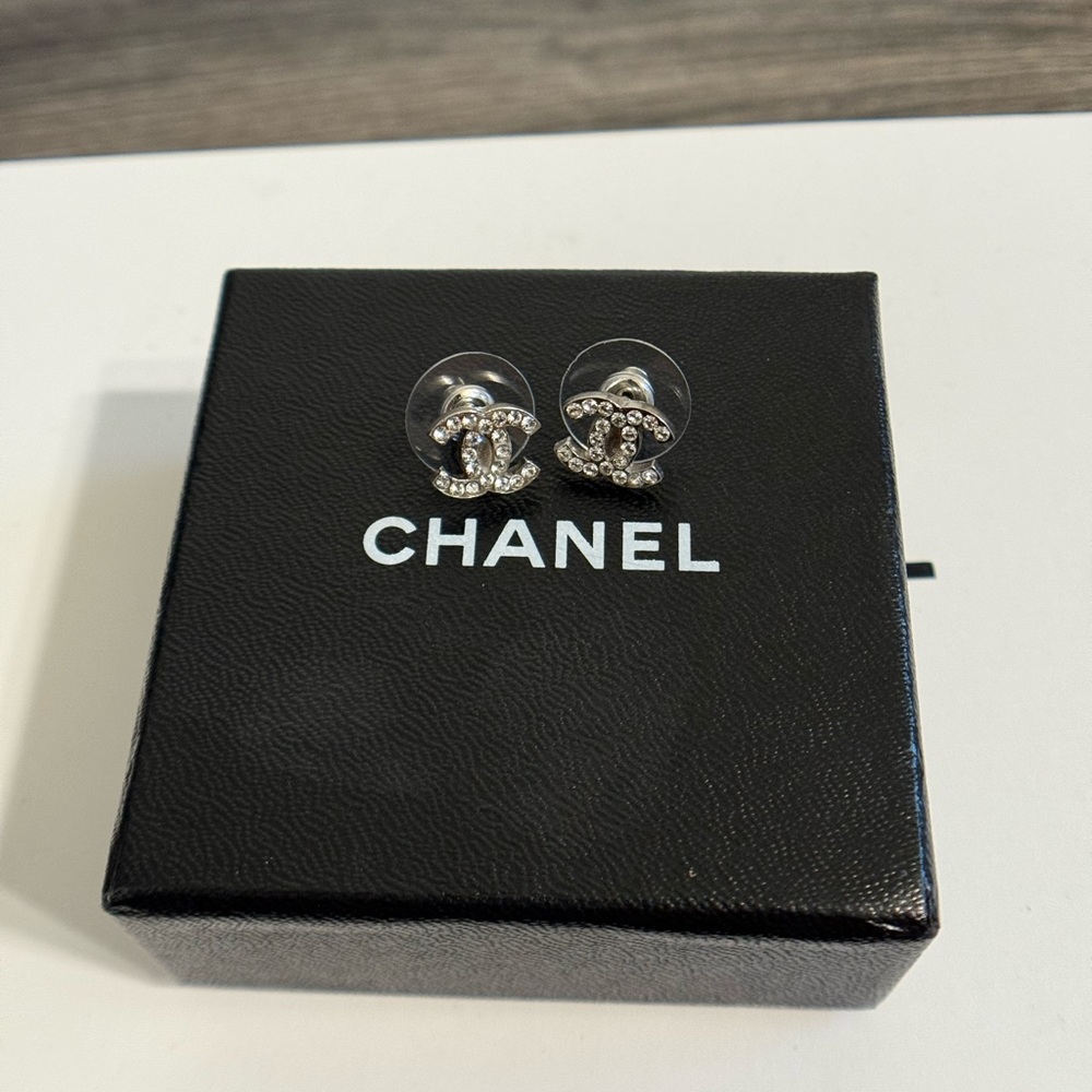 Chanel Classic Mini Silver Crystal CC Stud Earrings